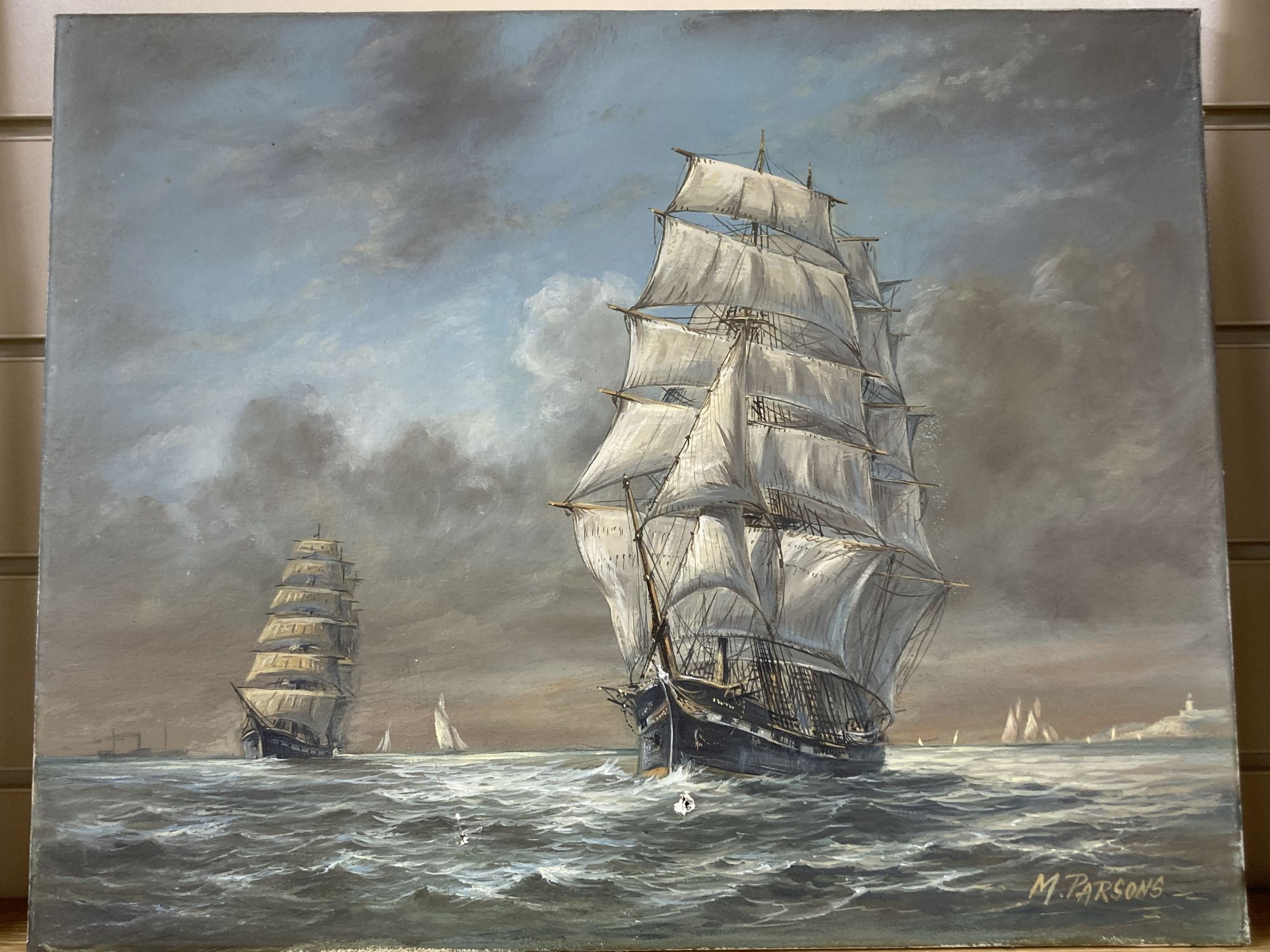 Max Parsons A.R.C.A. (1915-1998), Sailing clippers and other vessels off the coast, 40 x 51cm (unframed)